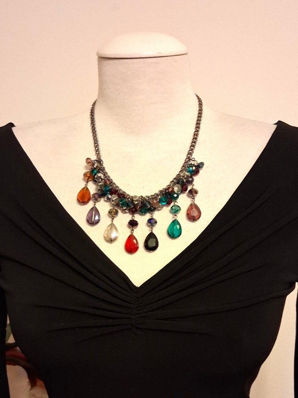 New AJ Multi-Color Beads Black Chain Vintage Beaded Necklace & Dangle Earrings